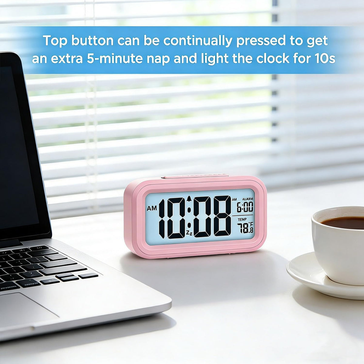 Digital Alarm Clock, Clock for Bedroom, Desk Clock Battery Operated, Digital Clock with Smart Night Light 12/24H Display Snooze Function for Heavy Sleepers for Kids