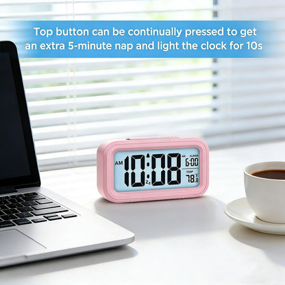 Digital Alarm Clock, Clock for Bedroom, Desk Clock Battery Operated, Digital Clock with Smart Night Light 12/24H Display Snooze Function for Heavy Sleepers for Kids