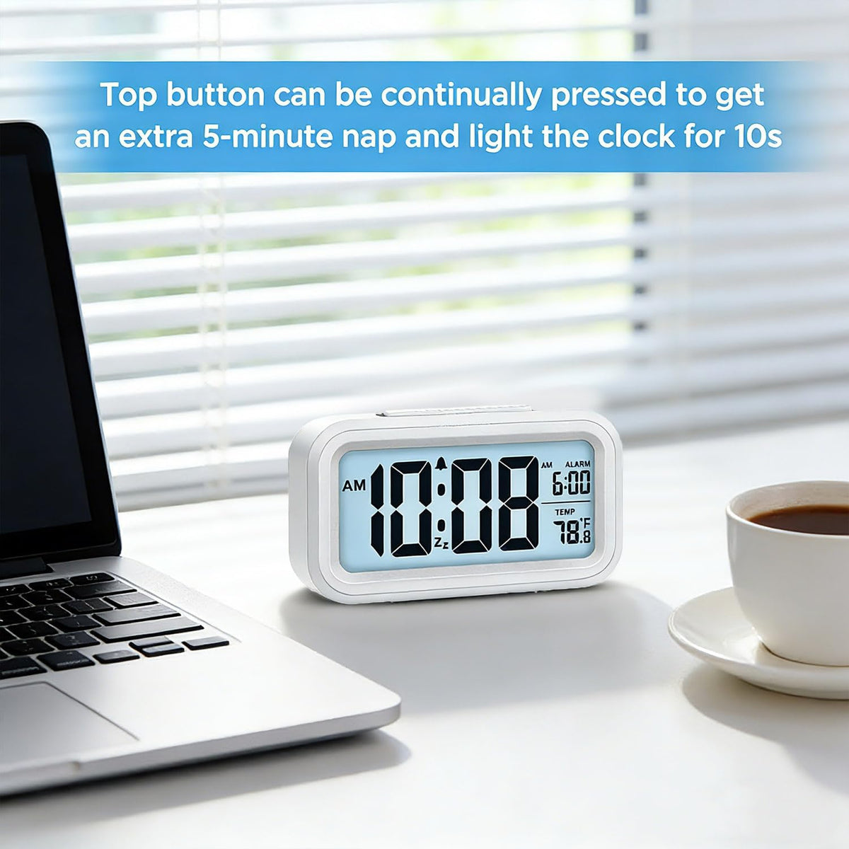 Digital Alarm Clock, Clock for Bedroom, Desk Clock Battery Operated, Digital Clock with Smart Night Light 12/24H Display Snooze Function for Heavy Sleepers for Kids