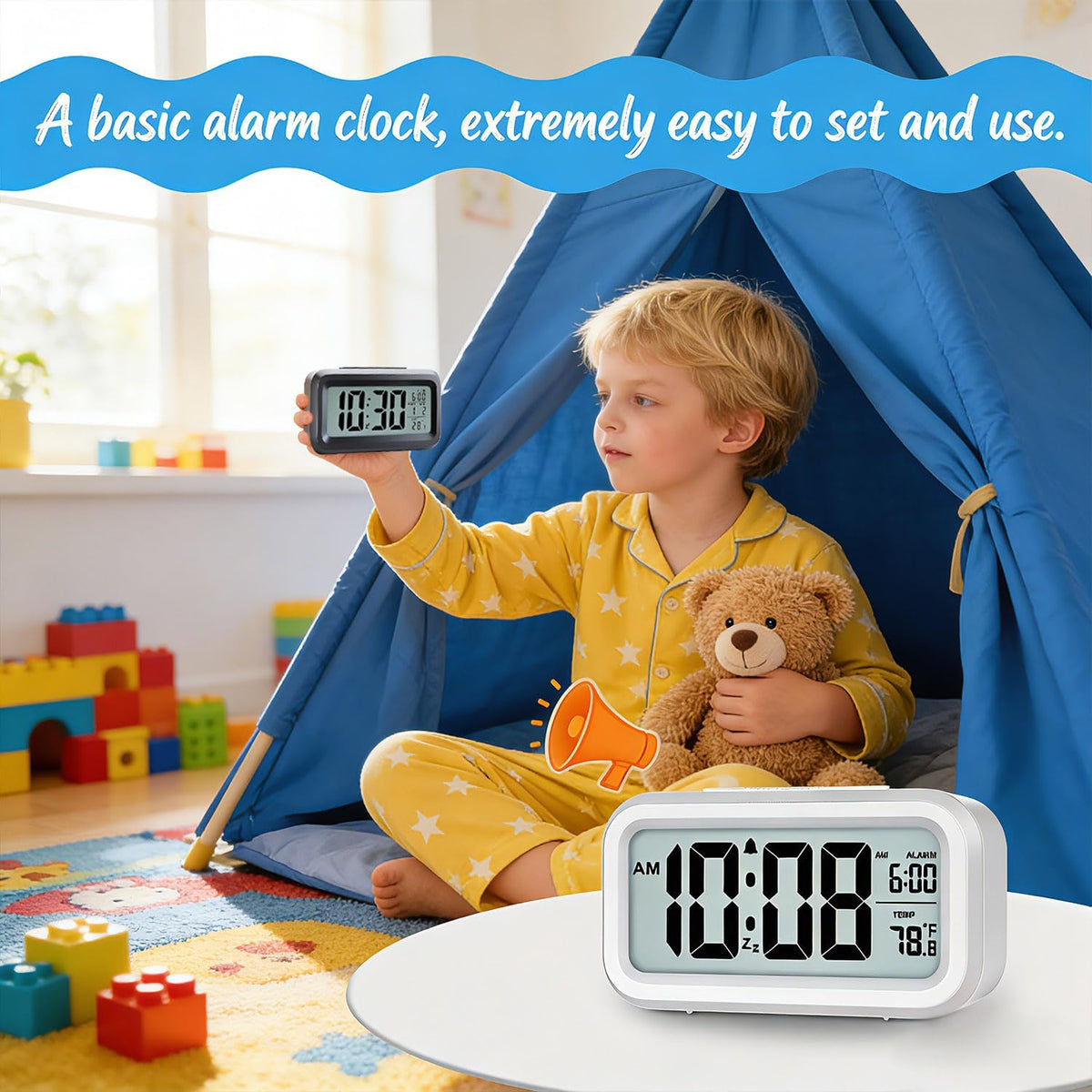 Digital Alarm Clock, Clock for Bedroom, Desk Clock Battery Operated, Digital Clock with Smart Night Light 12/24H Display Snooze Function for Heavy Sleepers for Kids