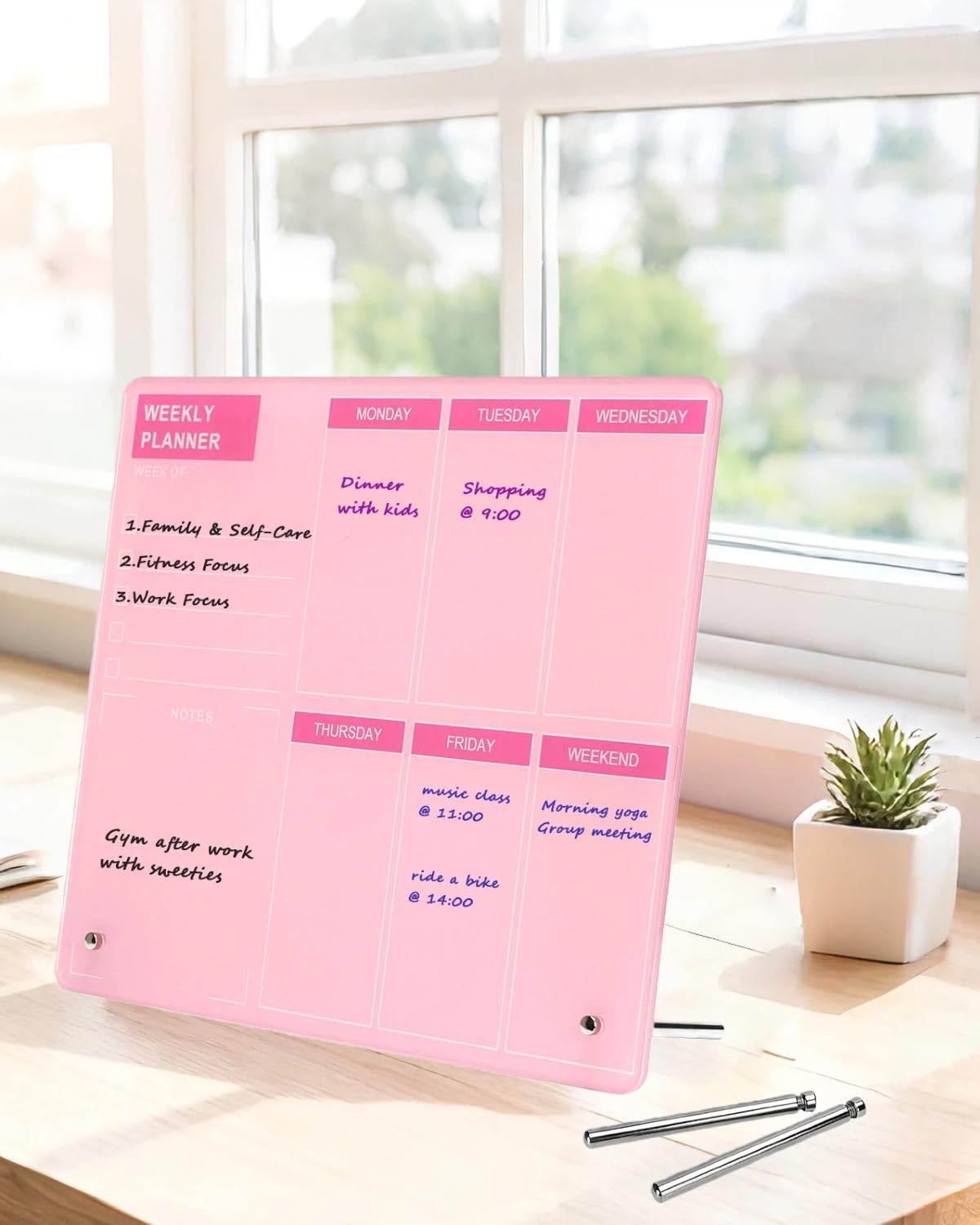 Desktop Acrylic Weekly Planner Whiteboard with Stand, Dry Erase Weekly Planner for Desk, Weekly White Board with to Do List, 9.8"x11.8", Pink Dry Erase Board for Home Office School