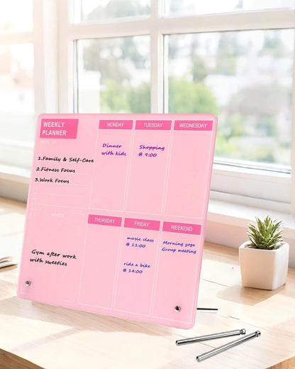 Desktop Acrylic Weekly Planner Whiteboard with Stand, Dry Erase Weekly Planner for Desk, Weekly White Board with to Do List, 9.8"x11.8", Pink Dry Erase Board for Home Office School