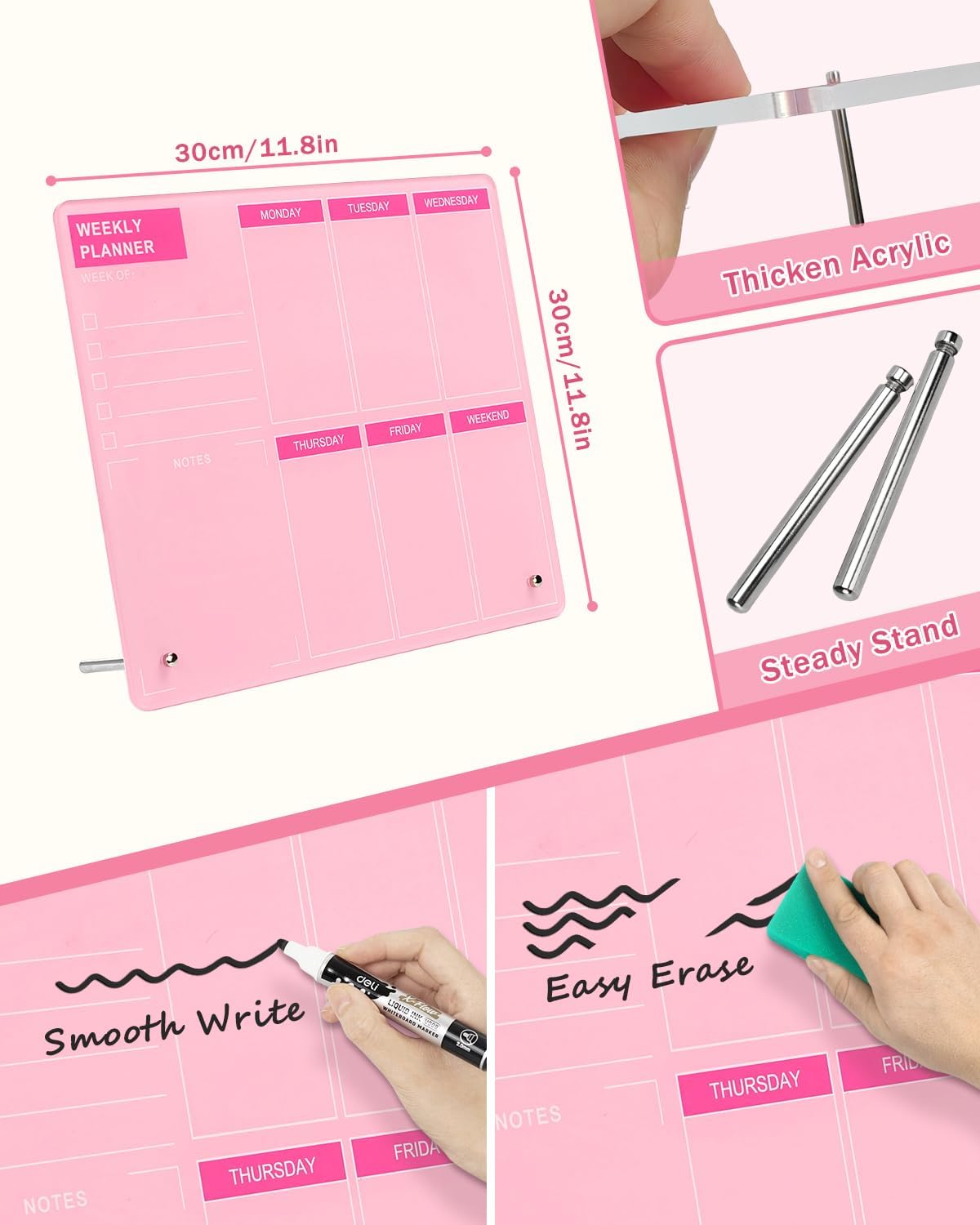 Desktop Acrylic Weekly Planner Whiteboard with Stand, Dry Erase Weekly Planner for Desk, Weekly White Board with to Do List, 9.8"x11.8", Pink Dry Erase Board for Home Office School