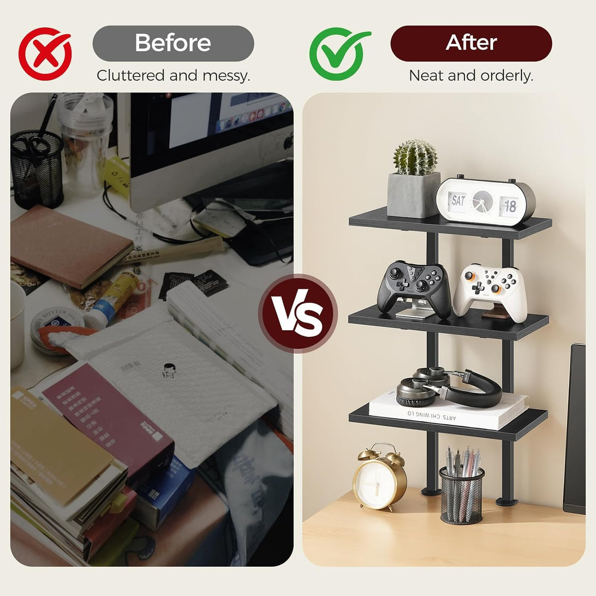 Clamp On Desk Organizer, 3-Tier Desktop Bookshelf, Adjustable Desk Storage Shelf, Metal Frame, for Office, Study and Game Room, Black DSBK3601
