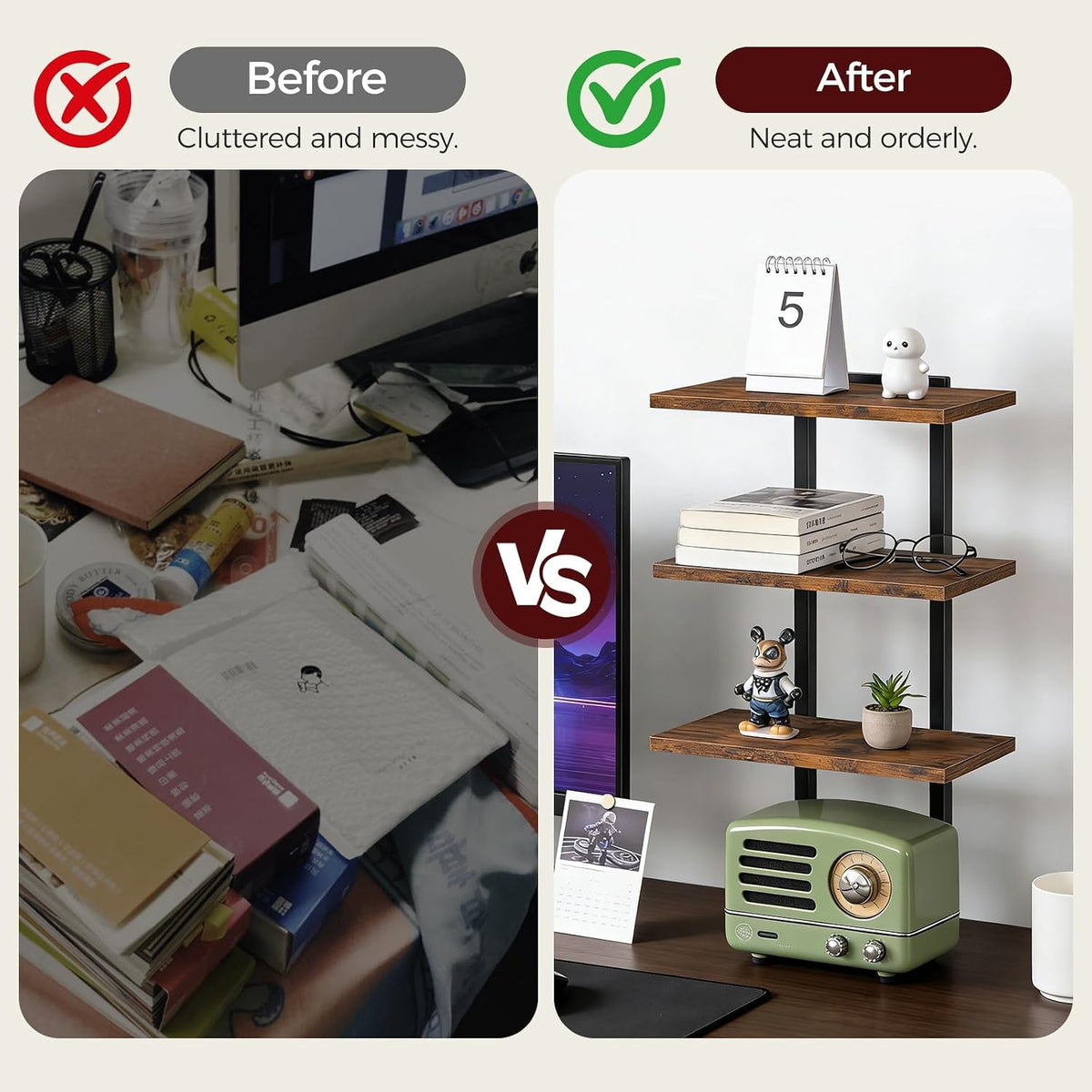 Clamp On Desk Organizer, 3-Tier Desktop Bookshelf, Adjustable Desk Storage Shelf, Metal Frame, for Office, Study and Game Room, Black DSBK3601