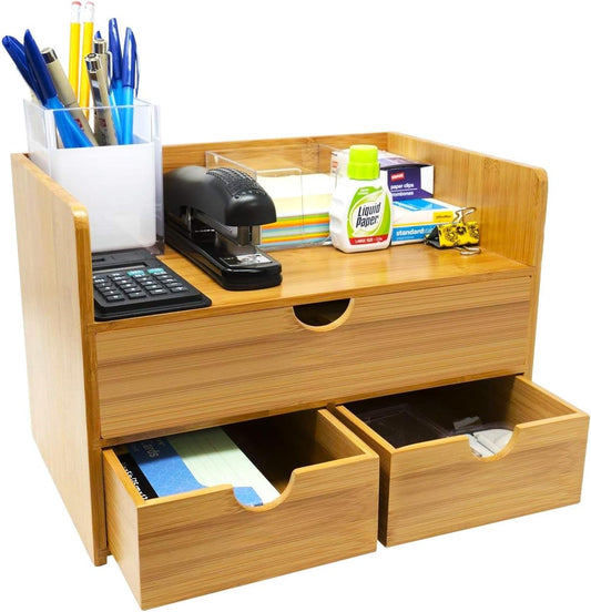 Bamboo Desk Organizer - 3-Tier 100% Bamboo Desktop Organizers – Mini Bamboo Desk Drawer Tabletop Storage Box Countertop Organization 3 Drawers & Shelf - Office, Makeup Vanity, Fully Assembled