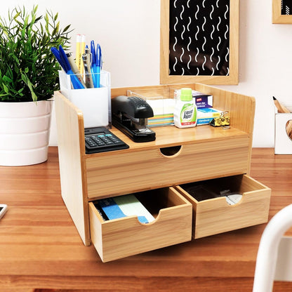 Bamboo Desk Organizer - 3-Tier 100% Bamboo Desktop Organizers – Mini Bamboo Desk Drawer Tabletop Storage Box Countertop Organization 3 Drawers & Shelf - Office, Makeup Vanity, Fully Assembled