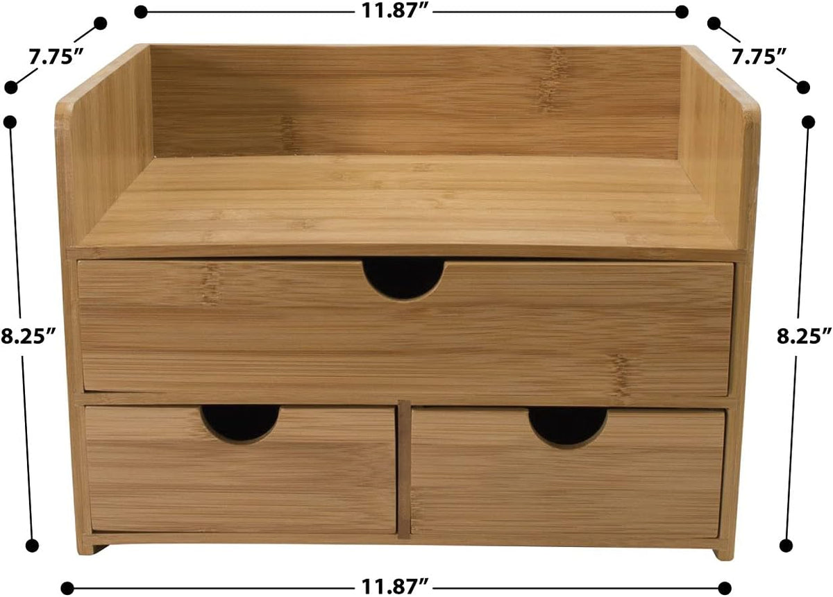 Bamboo Desk Organizer - 3-Tier 100% Bamboo Desktop Organizers – Mini Bamboo Desk Drawer Tabletop Storage Box Countertop Organization 3 Drawers & Shelf - Office, Makeup Vanity, Fully Assembled