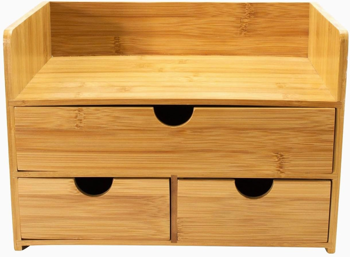 Bamboo Desk Organizer - 3-Tier 100% Bamboo Desktop Organizers – Mini Bamboo Desk Drawer Tabletop Storage Box Countertop Organization 3 Drawers & Shelf - Office, Makeup Vanity, Fully Assembled