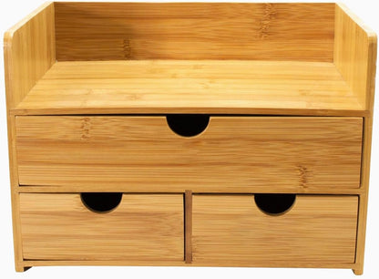 Bamboo Desk Organizer - 3-Tier 100% Bamboo Desktop Organizers – Mini Bamboo Desk Drawer Tabletop Storage Box Countertop Organization 3 Drawers & Shelf - Office, Makeup Vanity, Fully Assembled