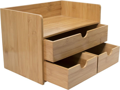 Bamboo Desk Organizer - 3-Tier 100% Bamboo Desktop Organizers – Mini Bamboo Desk Drawer Tabletop Storage Box Countertop Organization 3 Drawers & Shelf - Office, Makeup Vanity, Fully Assembled