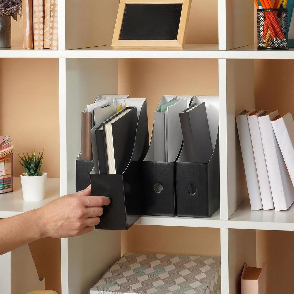 Magazine File Holder Box, Foldable Cardboard Organizer, Black