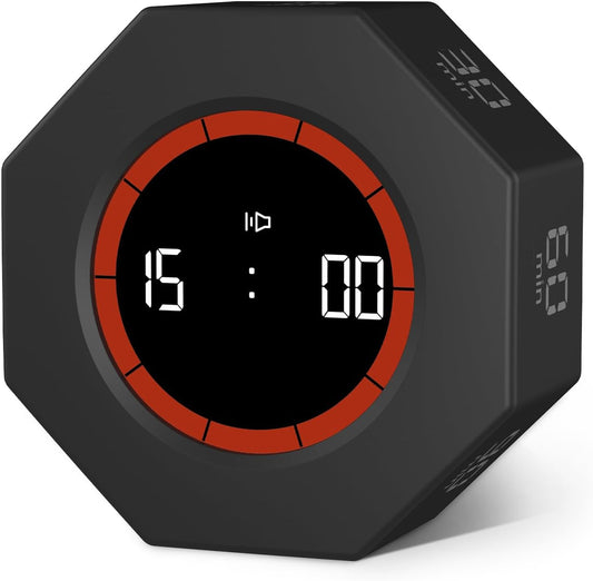 Digital Productivity Timer, Octagon Rotating Pomodoro Timers with Gravity-sensor, 1-3-5-15-30-60-90 Min Countdown, Portable Adjustable Sound Alert Multi Desk Timer or Study Task, Kitchen, Black