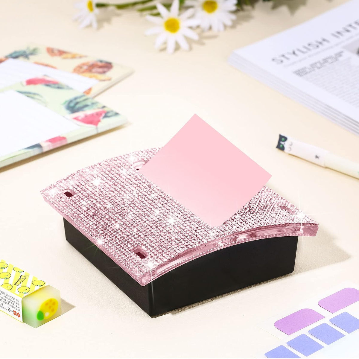 Rhinestone Sticky Note Dispenser 4x4 Pink Bling Holder