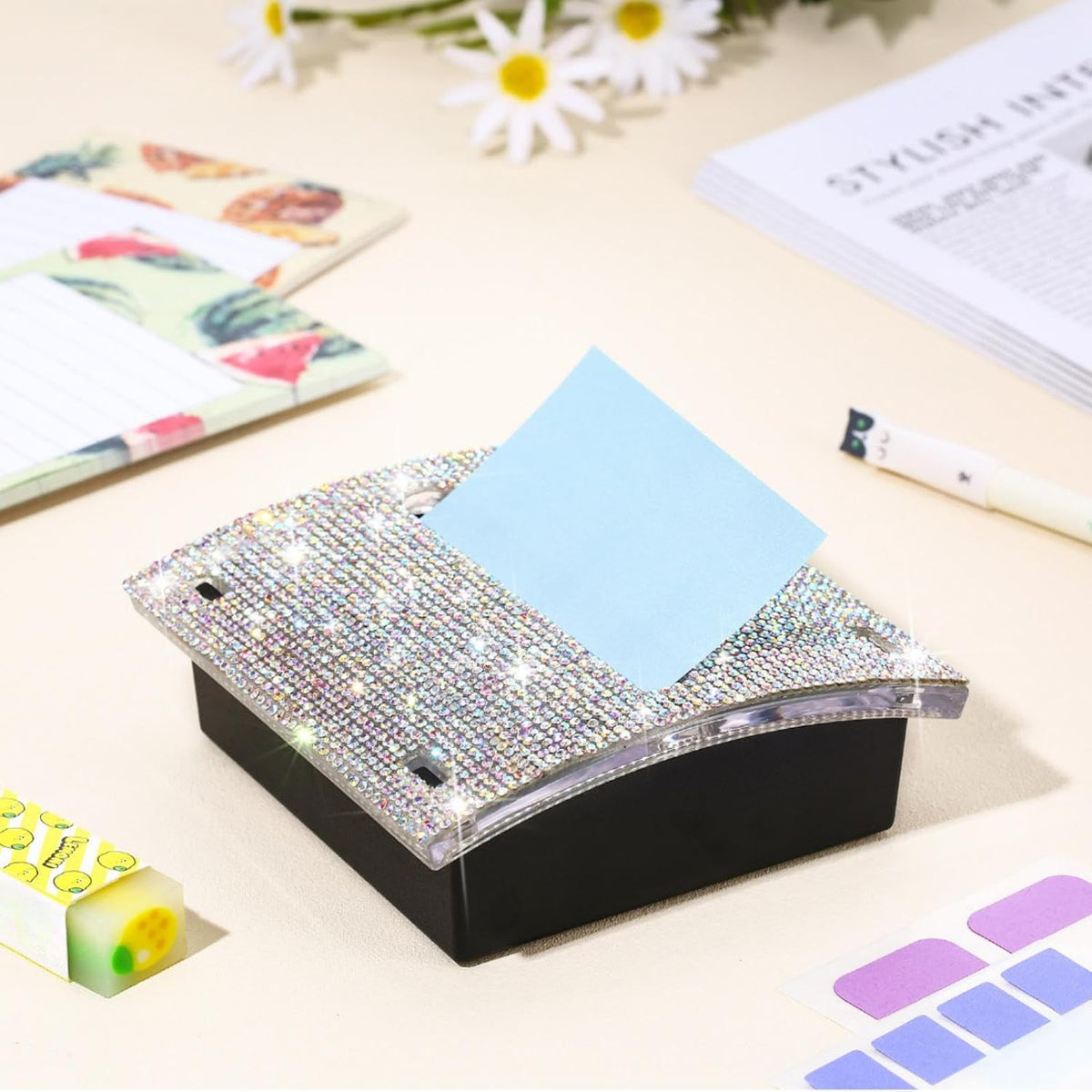 Rhinestone Sticky Note Dispenser 4x4 Pink Bling Holder