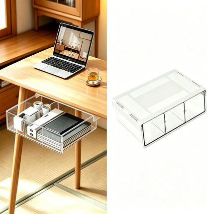Under Desk Drawer, No Drill Under Desk Storage for Desk Organization, Adhesive Drawer for Home Office & Dorm Essentials, ABS Plastic Hidden Tray for Pens & Notepads