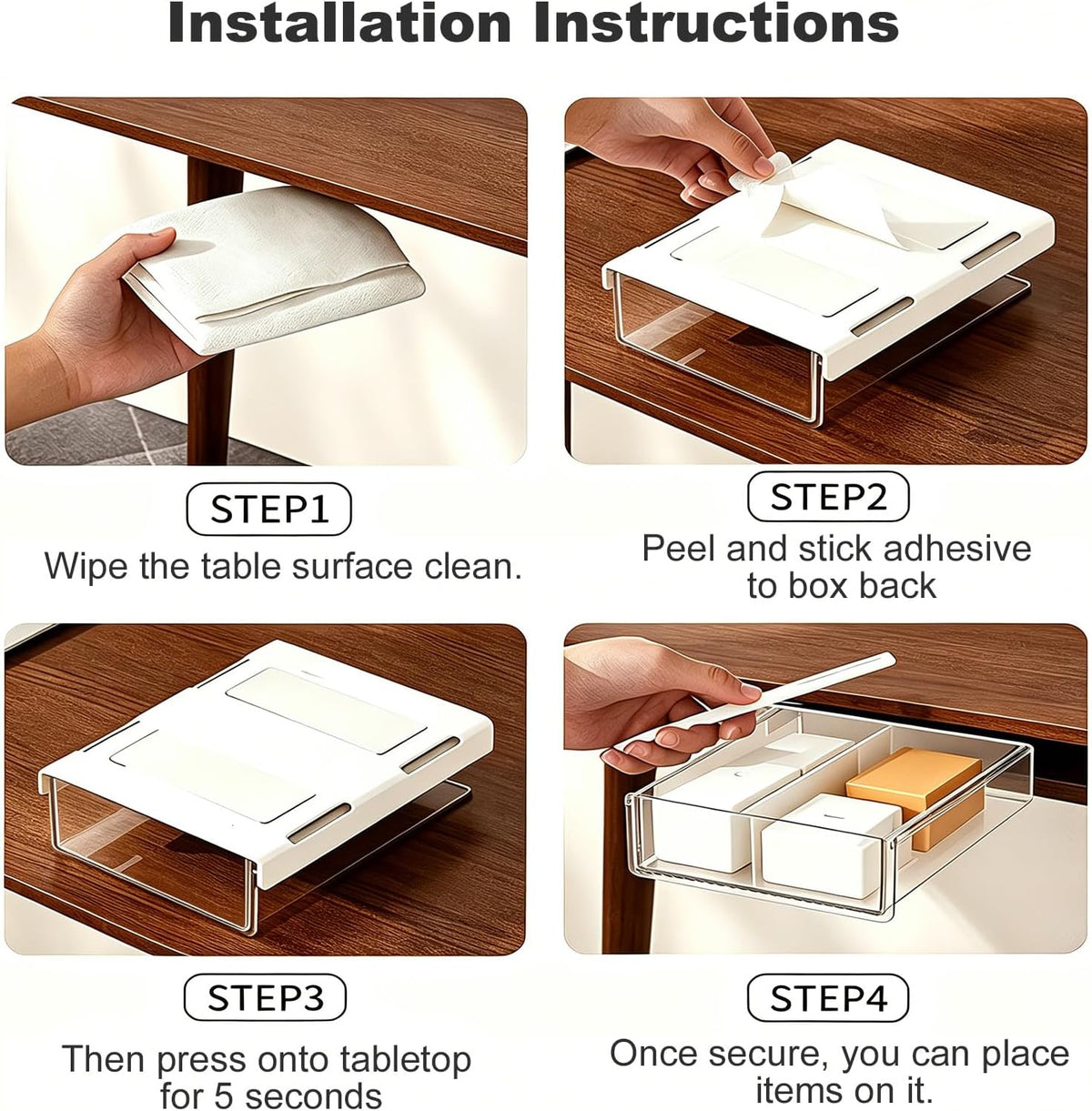 Under Desk Drawer, No Drill Under Desk Storage for Desk Organization, Adhesive Drawer for Home Office & Dorm Essentials, ABS Plastic Hidden Tray for Pens & Notepads