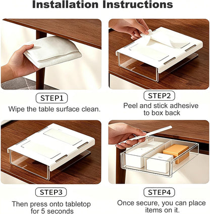 Under Desk Drawer, No Drill Under Desk Storage for Desk Organization, Adhesive Drawer for Home Office & Dorm Essentials, ABS Plastic Hidden Tray for Pens & Notepads