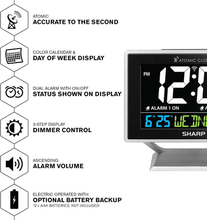 Atomic Alarm Clock, Auto Set, Color Display, Dual Alarm, Calendar