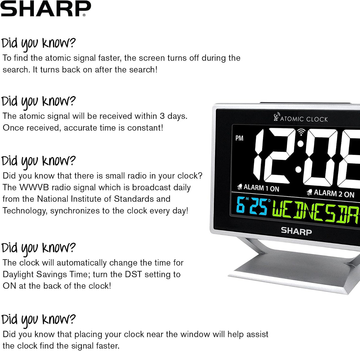 Atomic Alarm Clock, Auto Set, Color Display, Dual Alarm, Calendar