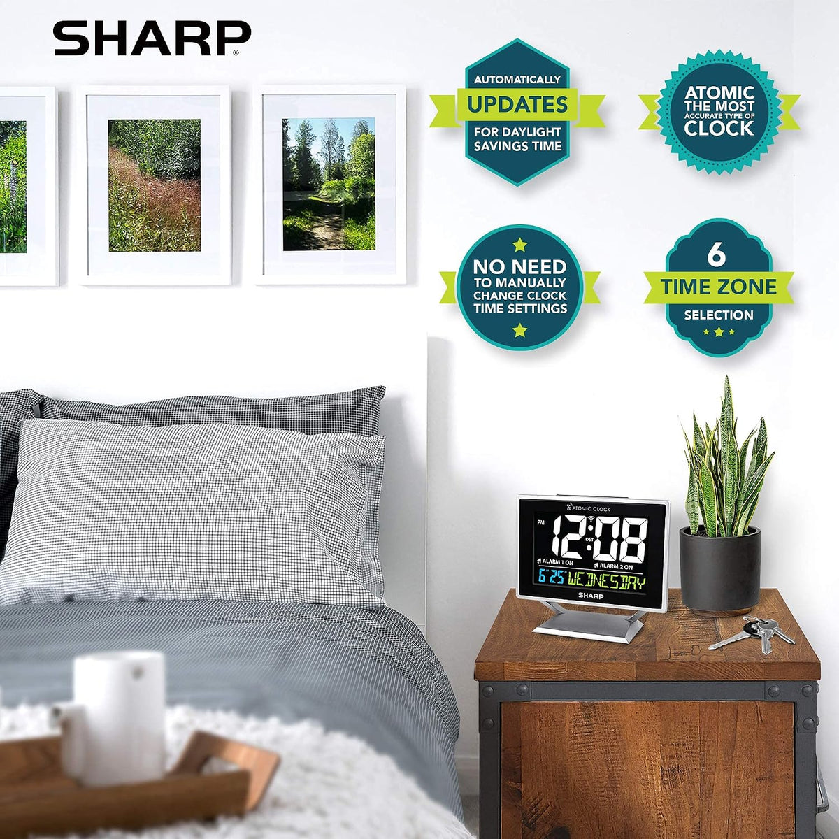 Atomic Alarm Clock, Auto Set, Color Display, Dual Alarm, Calendar