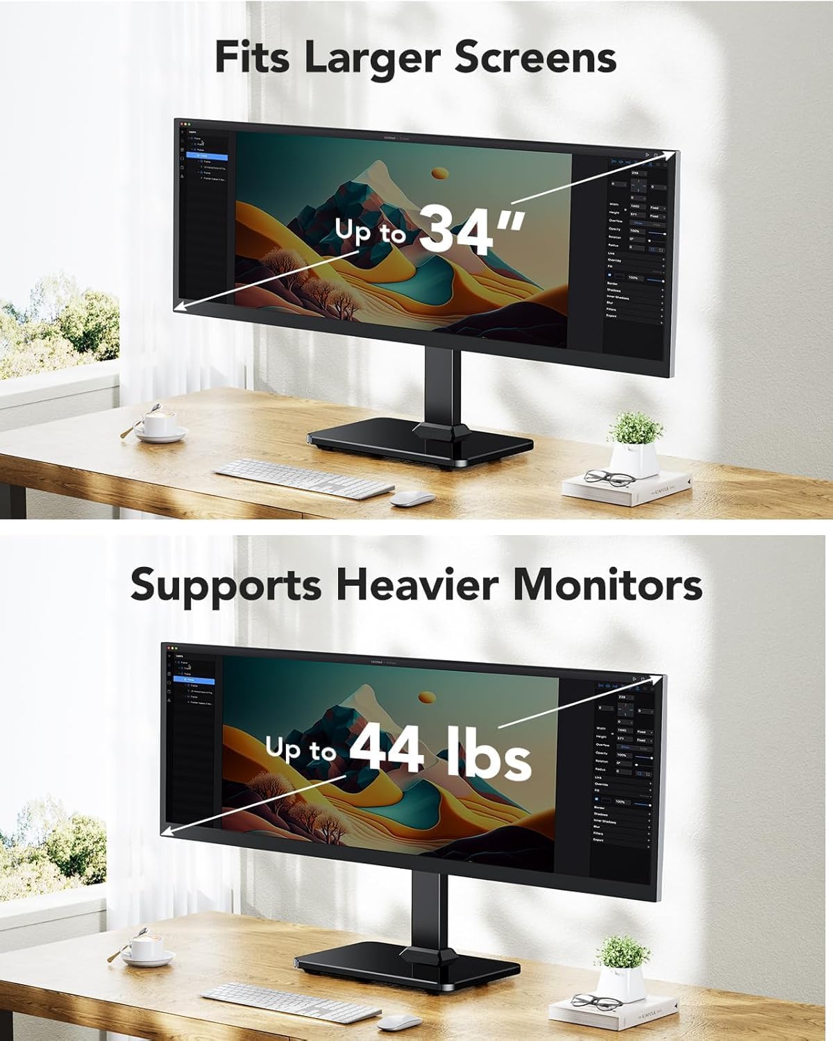 Monitor Stand, Freestanding VESA Mount for 13 to 34 Inch Screens, Holds up to 44lbs, 5 Height Options, Swivel Desk Stand Riser With 360 Rotation, VESA 75x75mm/100x100mm