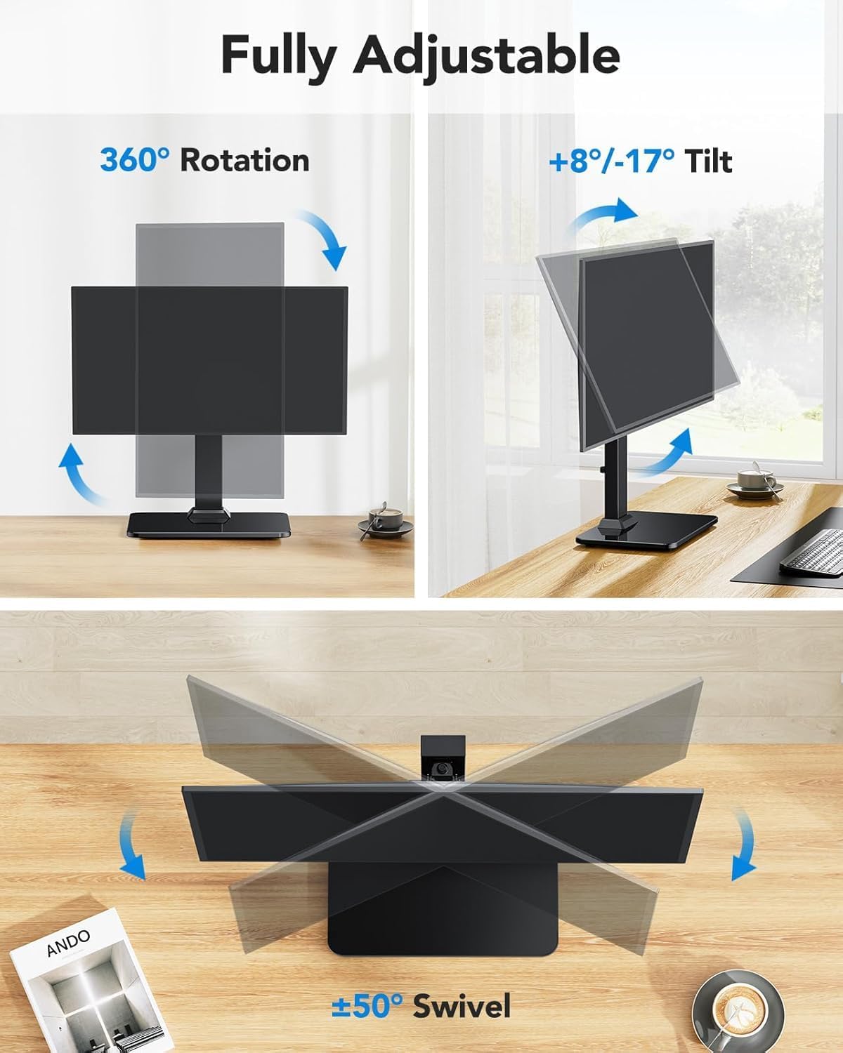Monitor Stand, Freestanding VESA Mount for 13 to 34 Inch Screens, Holds up to 44lbs, 5 Height Options, Swivel Desk Stand Riser With 360 Rotation, VESA 75x75mm/100x100mm