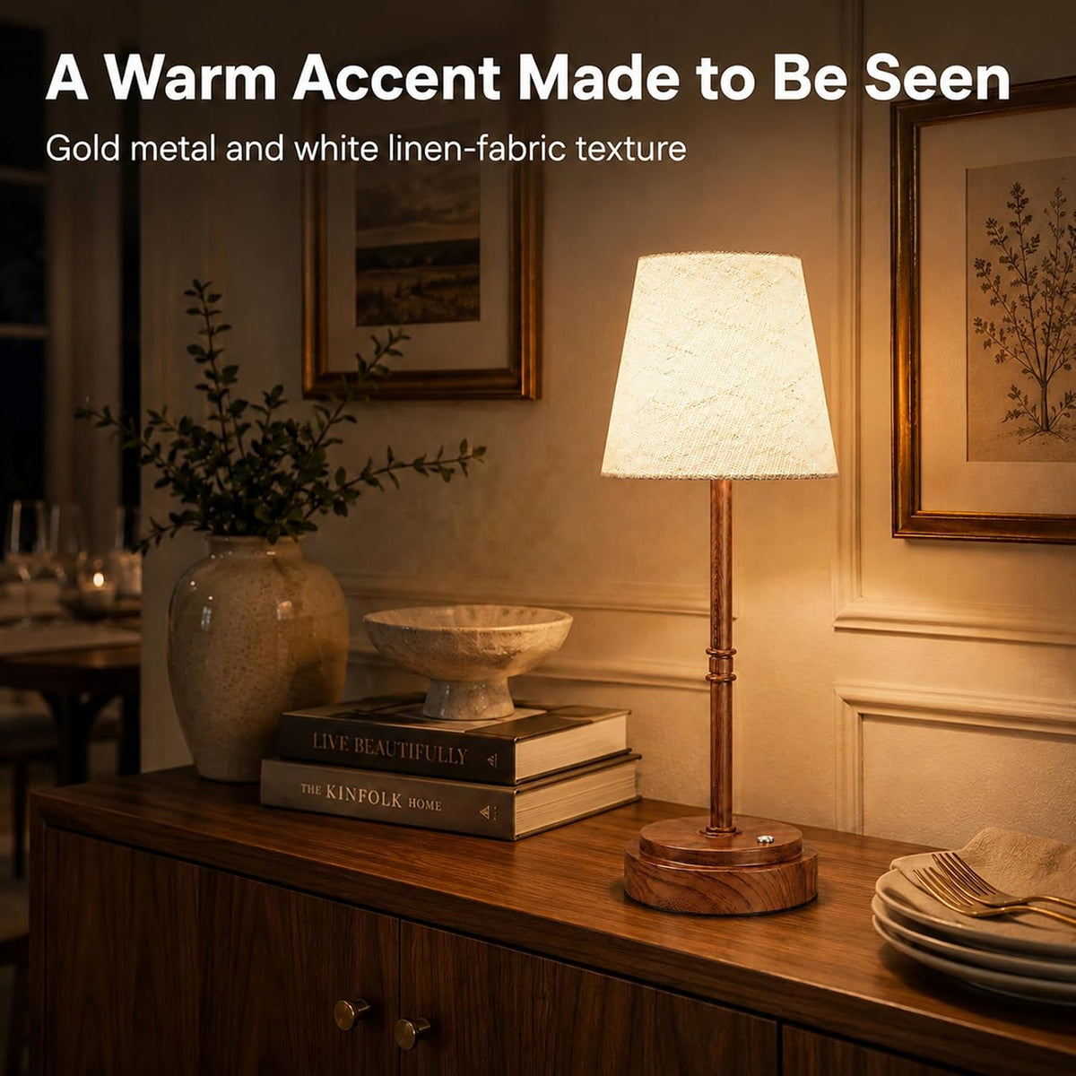 Rechargeable Cordless Table Lamp, Nightstand to End Table,Gold,1 Pack