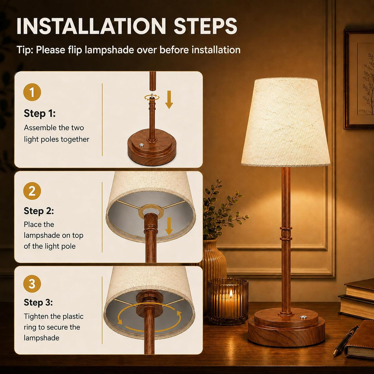 Rechargeable Cordless Table Lamp, Nightstand to End Table,Gold,1 Pack