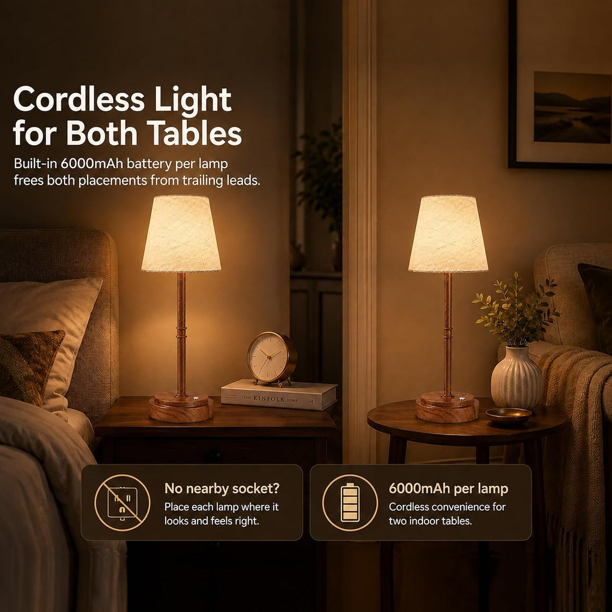 Rechargeable Cordless Table Lamp, Nightstand to End Table,Gold,1 Pack