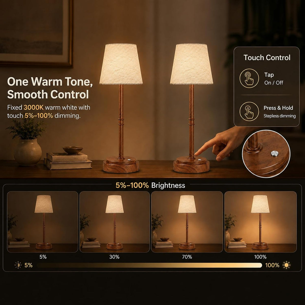 Rechargeable Cordless Table Lamp, Nightstand to End Table,Gold,1 Pack