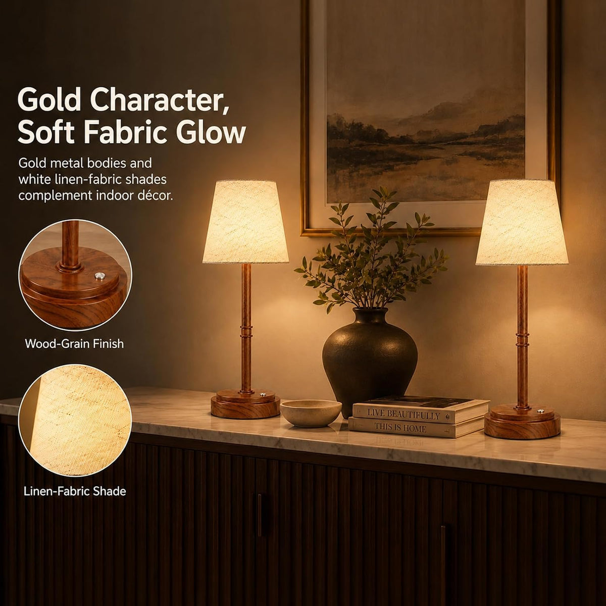 Rechargeable Cordless Table Lamp, Nightstand to End Table,Gold,1 Pack