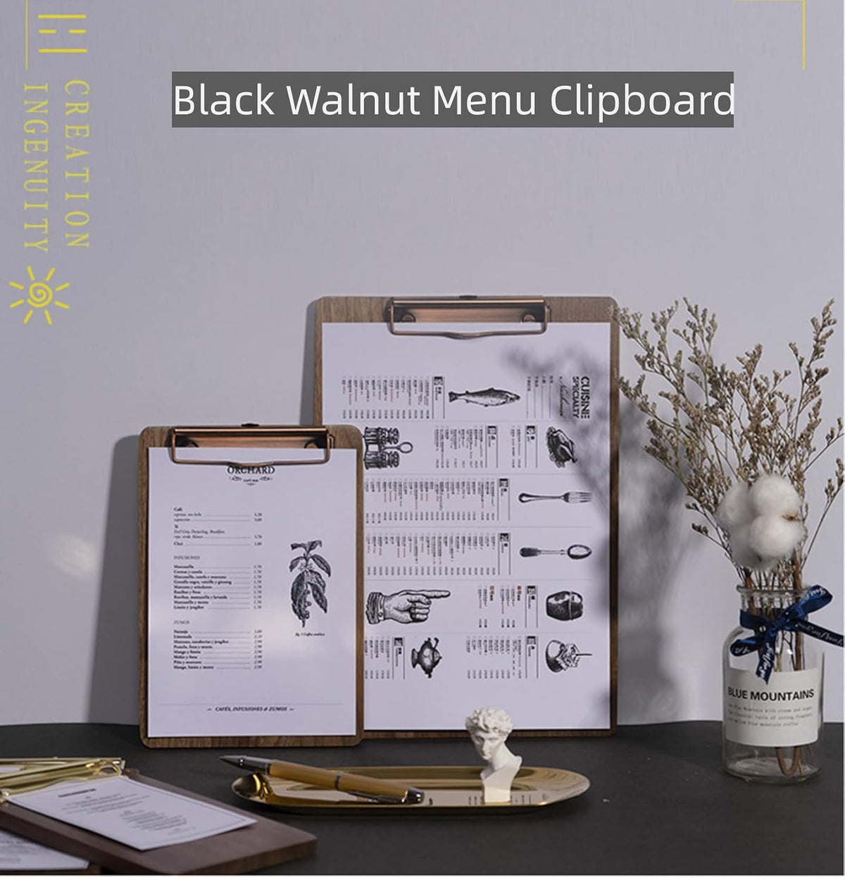 Solid Hardwood Walnut Clipboard with Stand Set - Ideal for Menu Display, Receipt Holder, and More for Restaurants, Bars, Coffee Shops, Self-Service BBQ, Tables, and Countertops