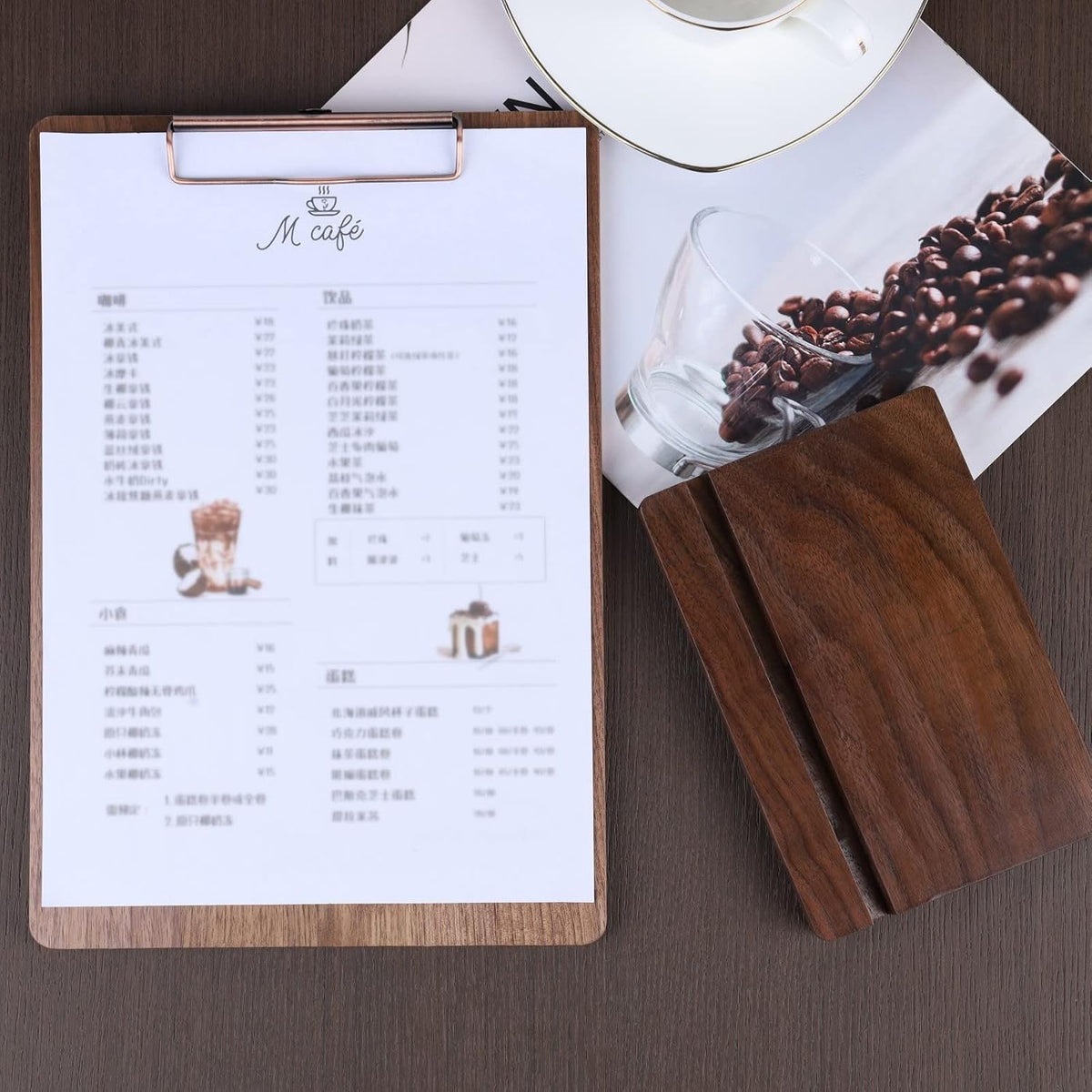 Solid Hardwood Walnut Clipboard with Stand Set - Ideal for Menu Display, Receipt Holder, and More for Restaurants, Bars, Coffee Shops, Self-Service BBQ, Tables, and Countertops
