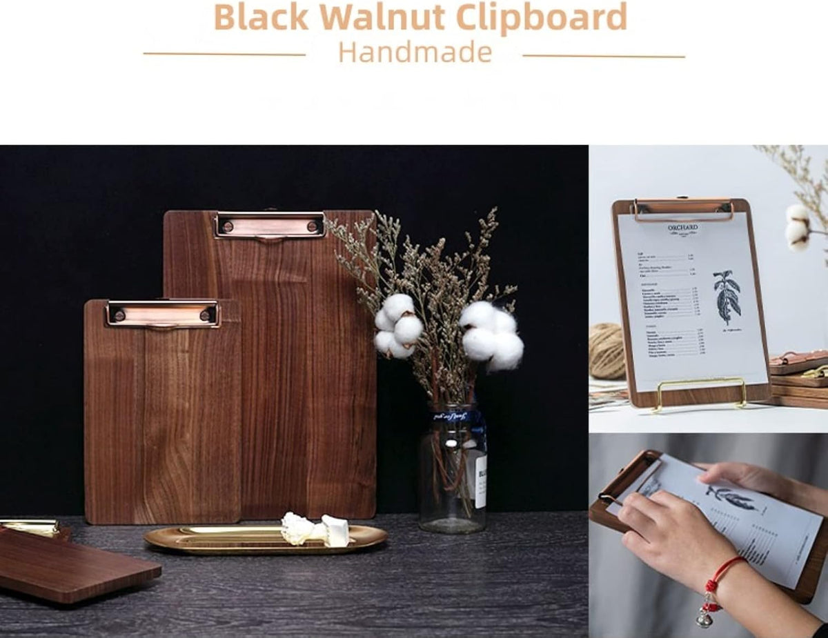 Solid Hardwood Walnut Clipboard with Stand Set - Ideal for Menu Display, Receipt Holder, and More for Restaurants, Bars, Coffee Shops, Self-Service BBQ, Tables, and Countertops