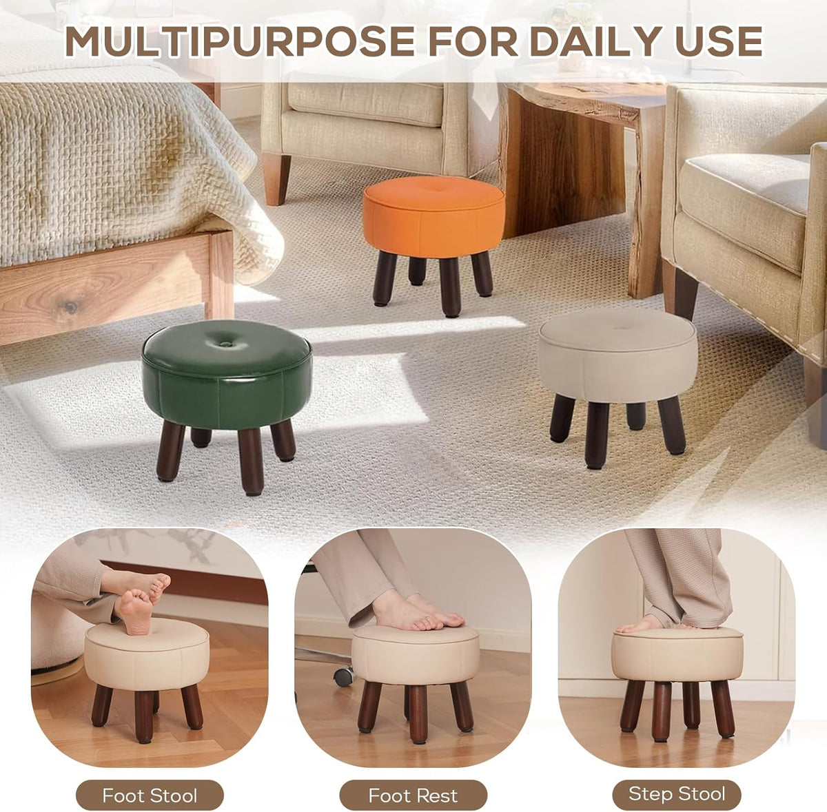 oakvivo 13in Small Foot Stool Ottoman,Round Faux Leather Footrest for Couch