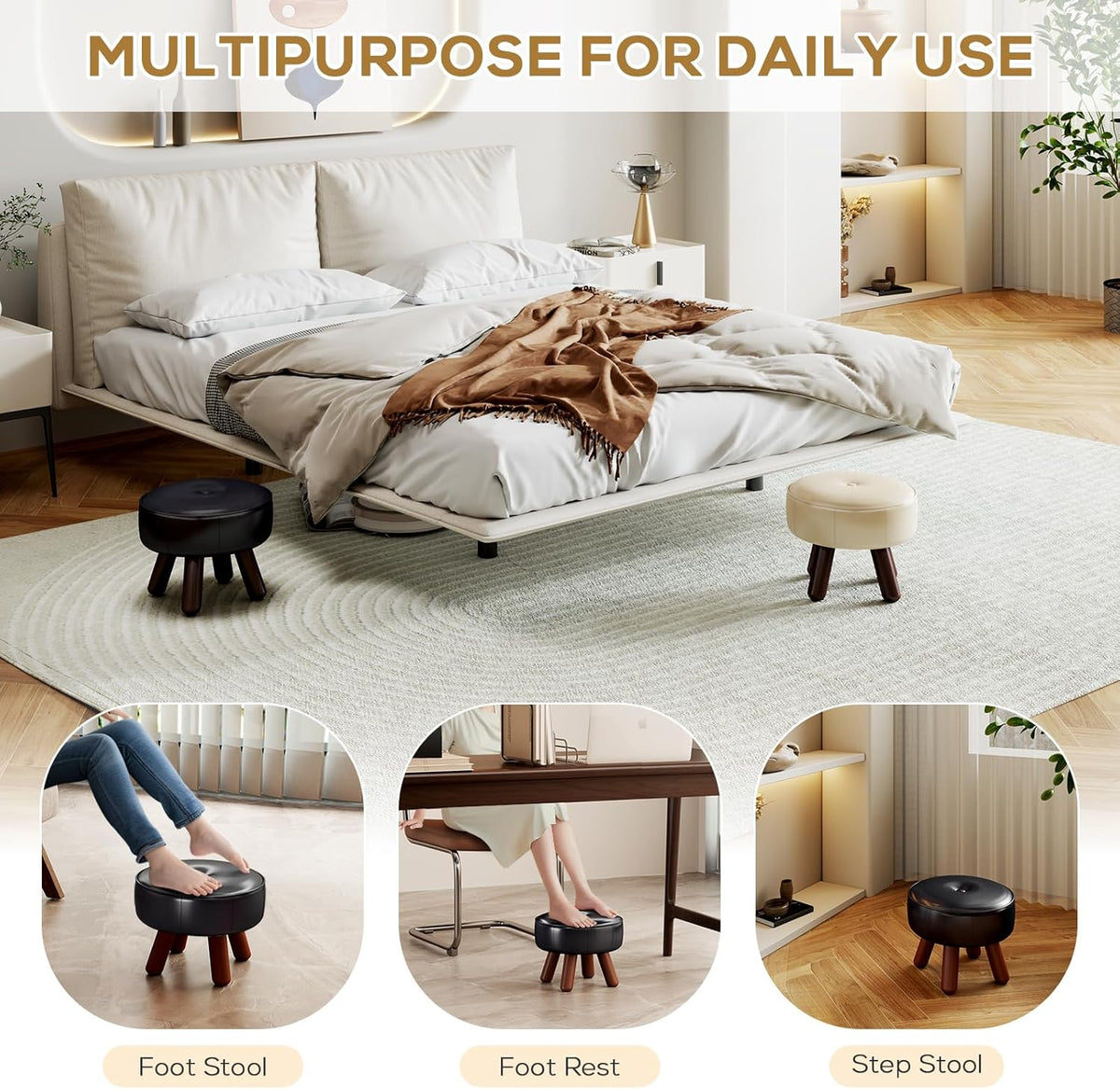 oakvivo 13in Small Foot Stool Ottoman,Round Faux Leather Footrest for Couch