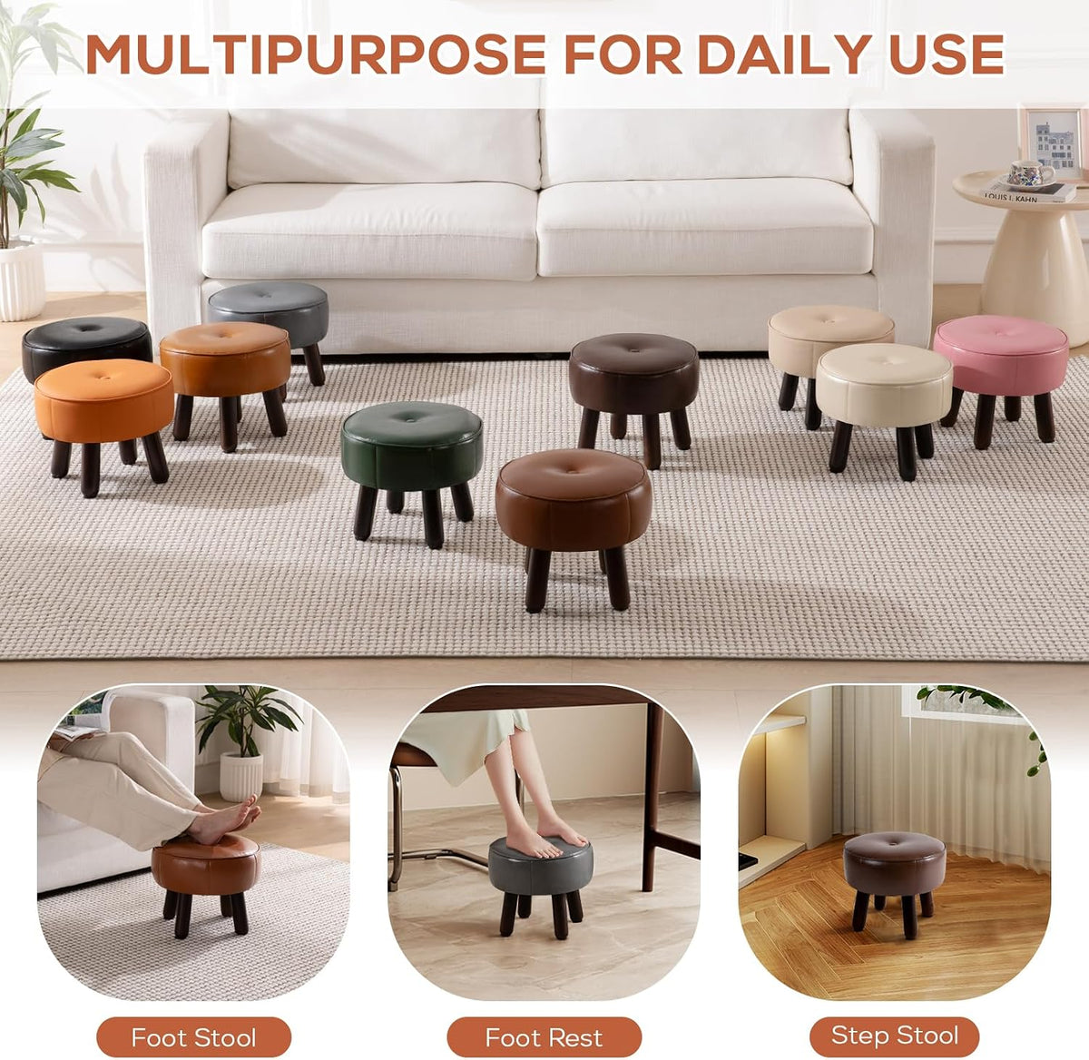 oakvivo 13in Small Foot Stool Ottoman,Round Faux Leather Footrest for Couch