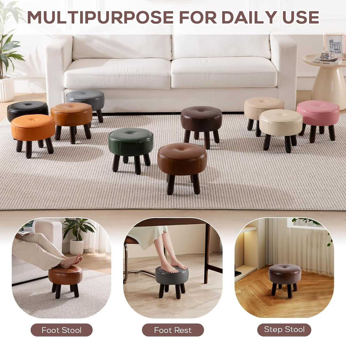 oakvivo 13in Small Foot Stool Ottoman,Round Faux Leather Footrest for Couch