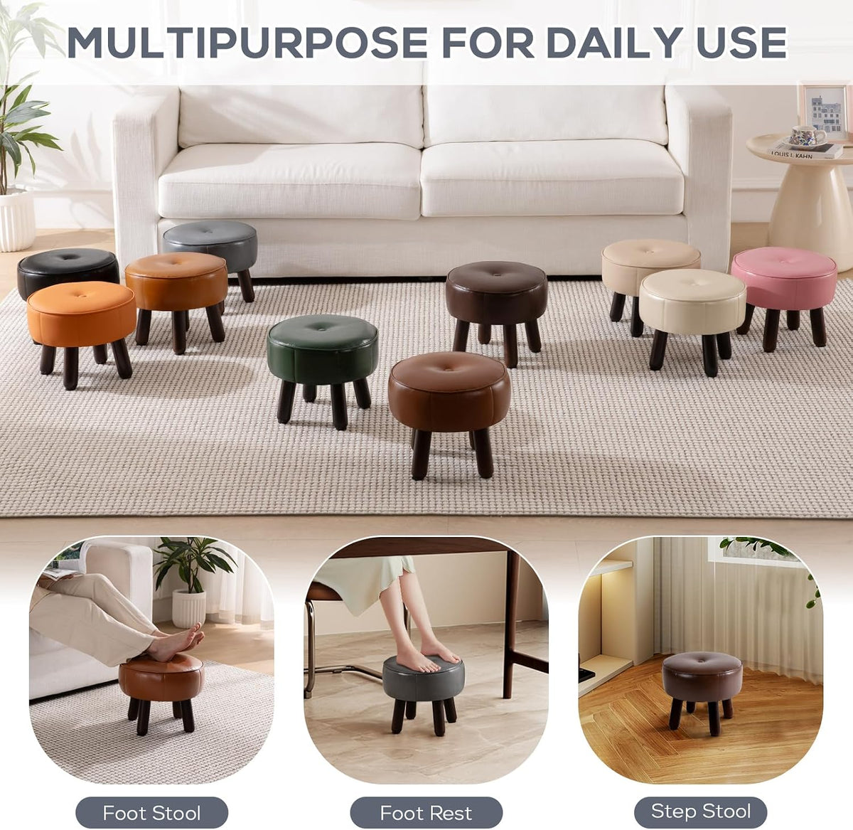 oakvivo 13in Small Foot Stool Ottoman,Round Faux Leather Footrest for Couch