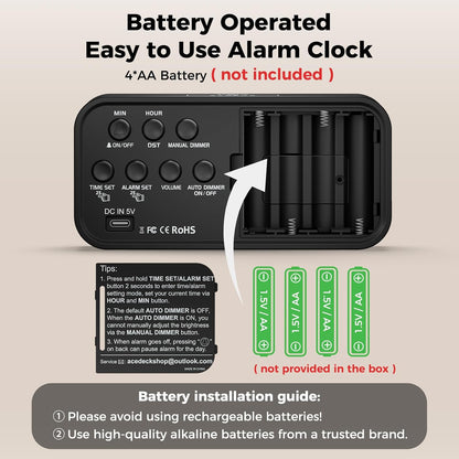 Battery Operated Alarm Clock for Bedroom Travel with Large Numbers