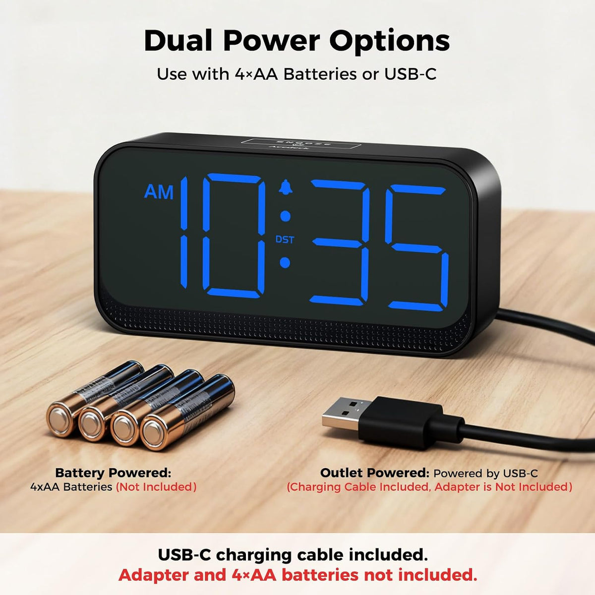 Battery Operated Alarm Clock for Bedroom Travel with Large Numbers