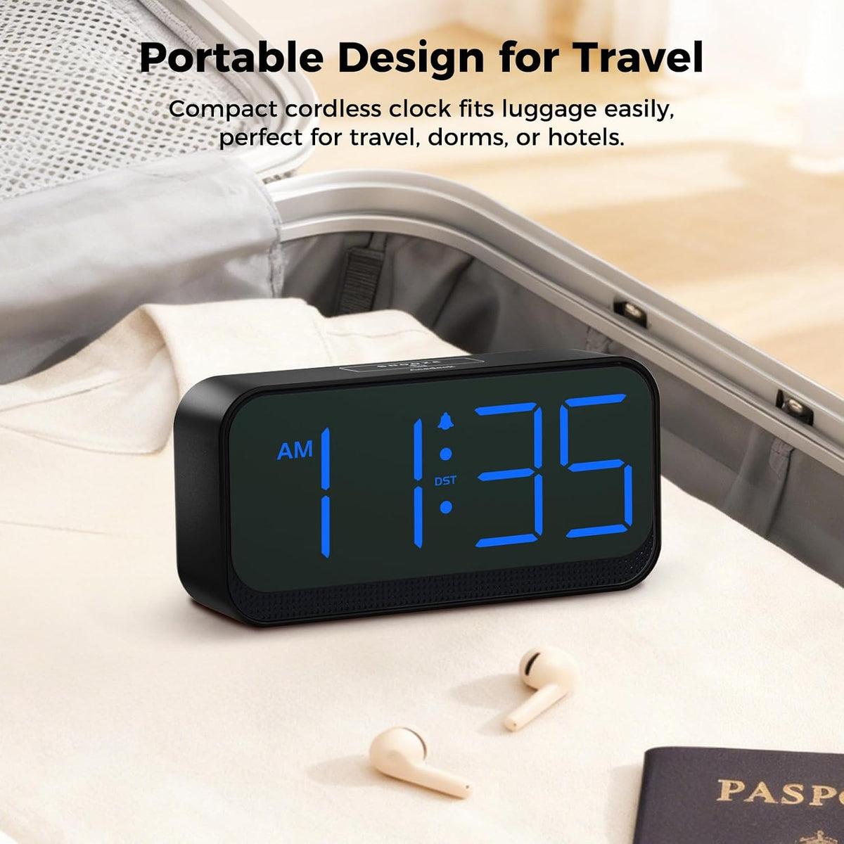 Battery Operated Alarm Clock for Bedroom Travel with Large Numbers