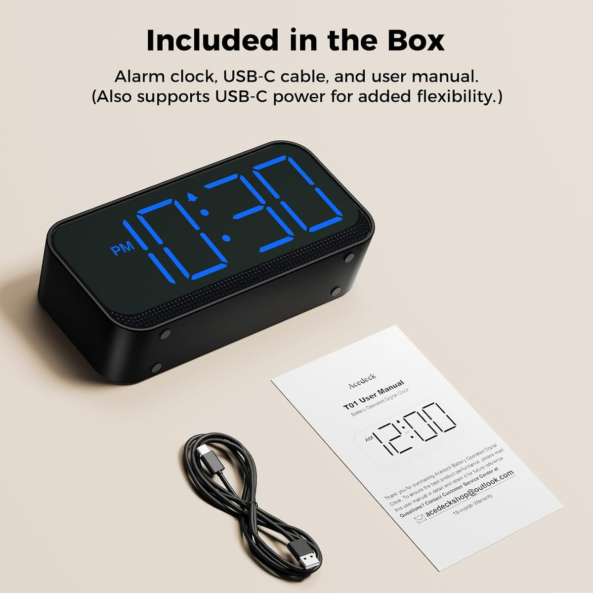 Battery Operated Alarm Clock for Bedroom Travel with Large Numbers
