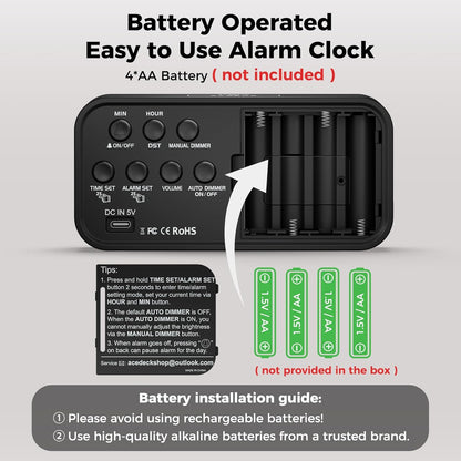 Battery Operated Alarm Clock for Bedroom Travel with Large Numbers