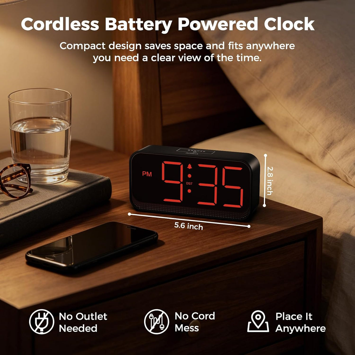 Battery Operated Alarm Clock for Bedroom Travel with Large Numbers