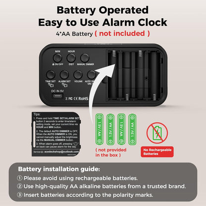 Battery Operated Alarm Clock for Bedroom Travel with Large Numbers