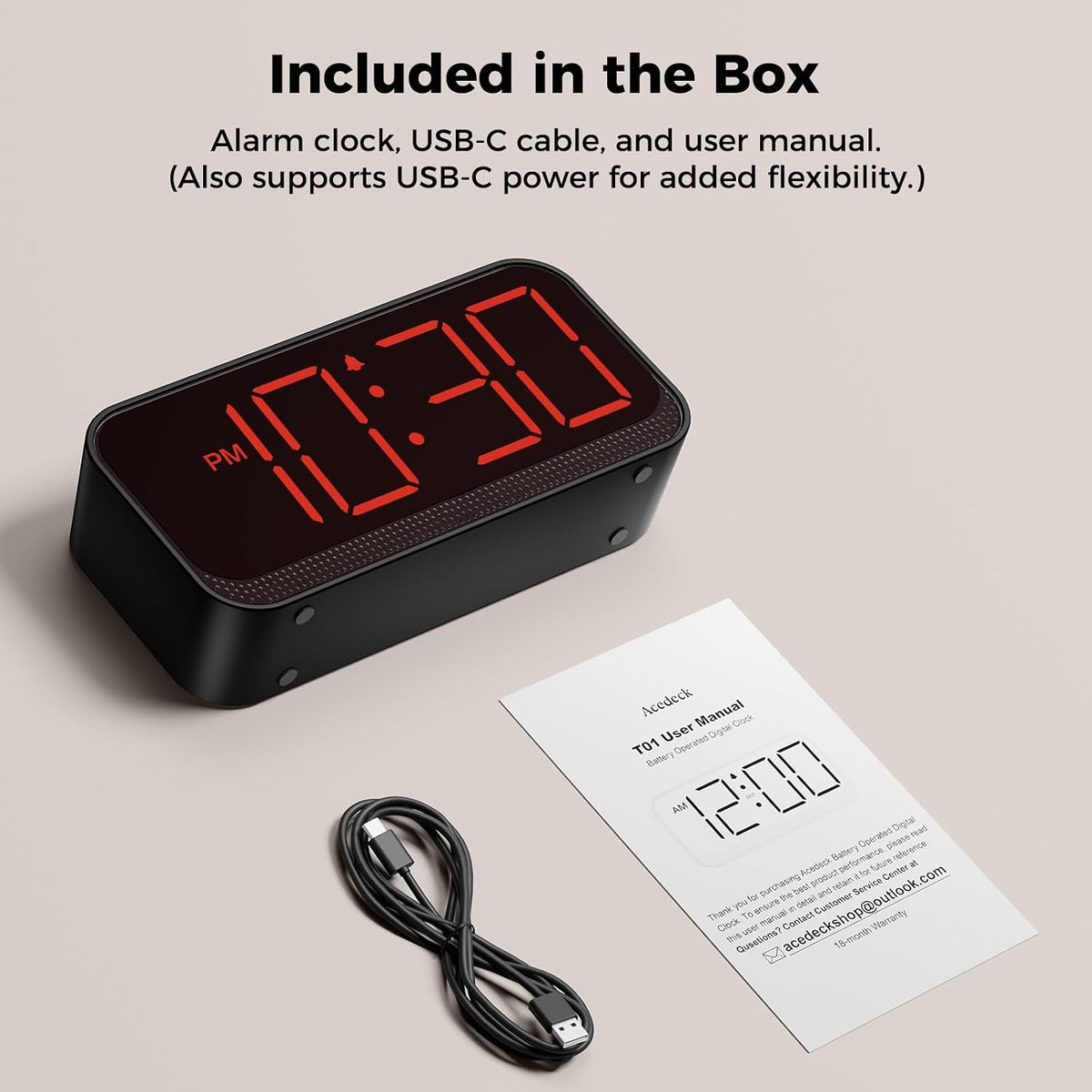 Battery Operated Alarm Clock for Bedroom Travel with Large Numbers