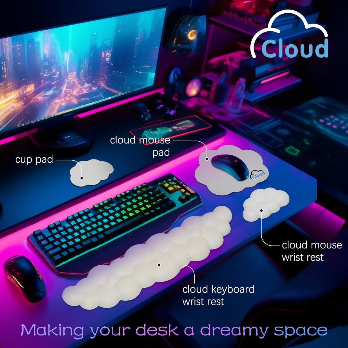 4 in 1 Ergonomic Leather Cloud Wrist Rest Keyboard and Mouse Pad & Coaster
