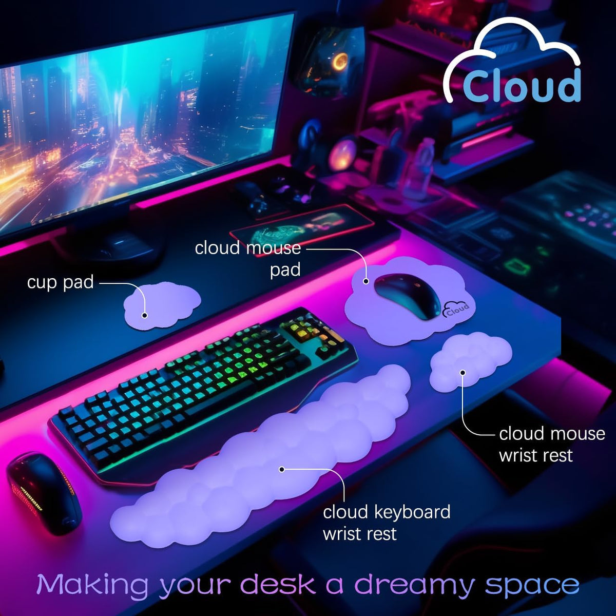4 in 1 Ergonomic Leather Cloud Wrist Rest Keyboard and Mouse Pad & Coaster